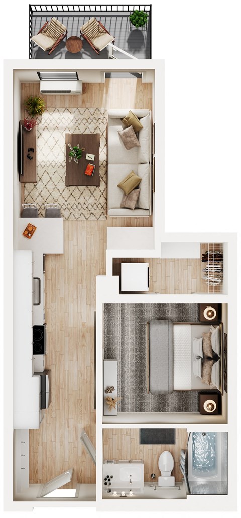 Floor plan for 1 bed, 1 bath, 538 sqft